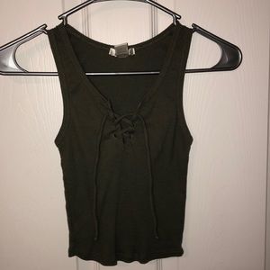 army green lace up crop top SIZE S